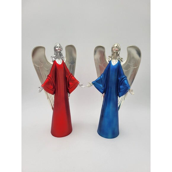 Lot Of 2 Plastic Silver Tone Angel Figurines Red & Blue Table Decorations 12" - Picture 1 of 13